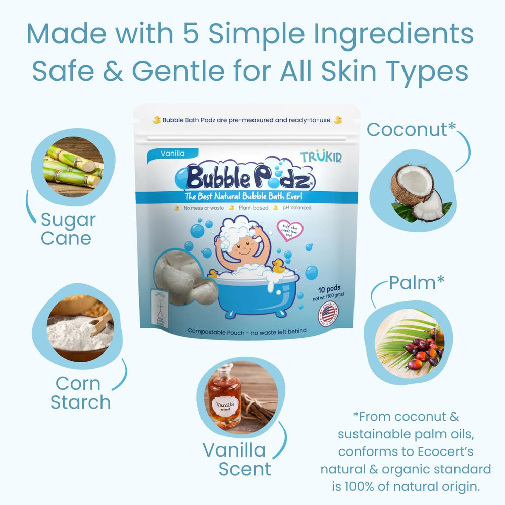 TruKid Bubble Podz natural moisturizers nourish skin after bath time.