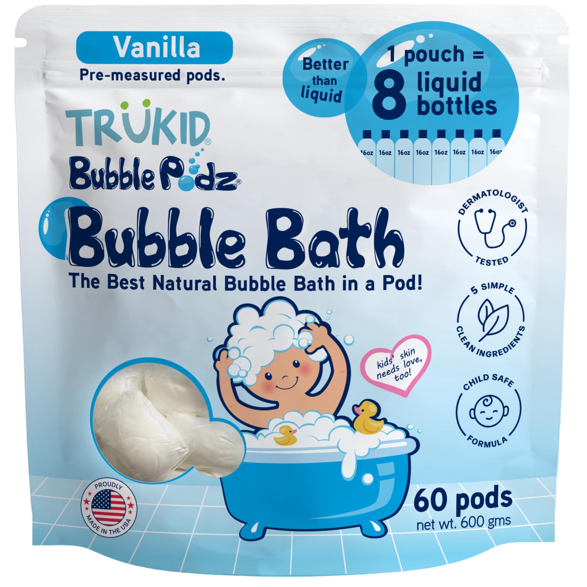 TruKid Bubble Podz pack shot shows mess-free, single-use pods for bath time.