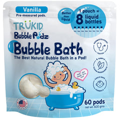 TruKid Bubble Podz pack shot shows mess-free, single-use pods for bath time.