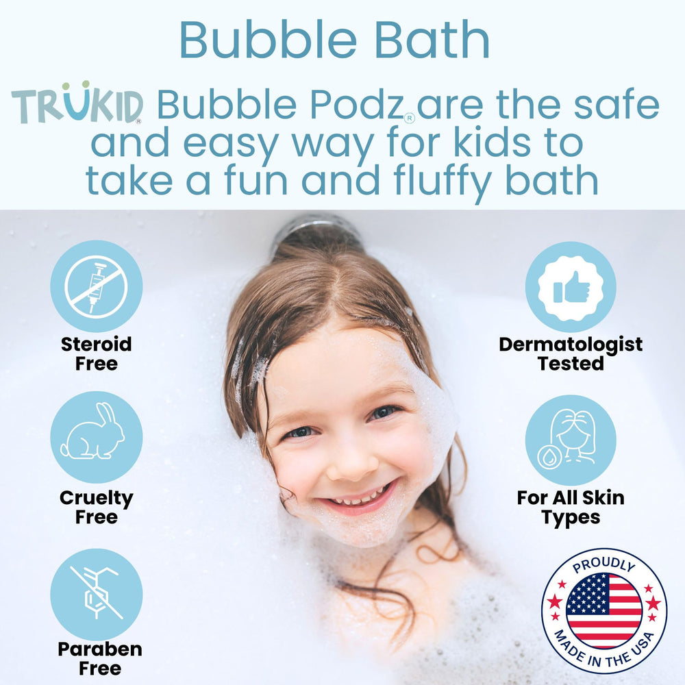 TruKid Bubble Podz delivers rich tub lather during playtime.