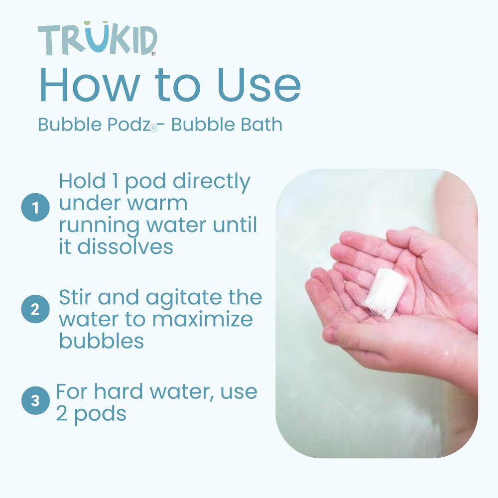 Single-use TruKid Bubble Podz pack shown for mess-free use.
