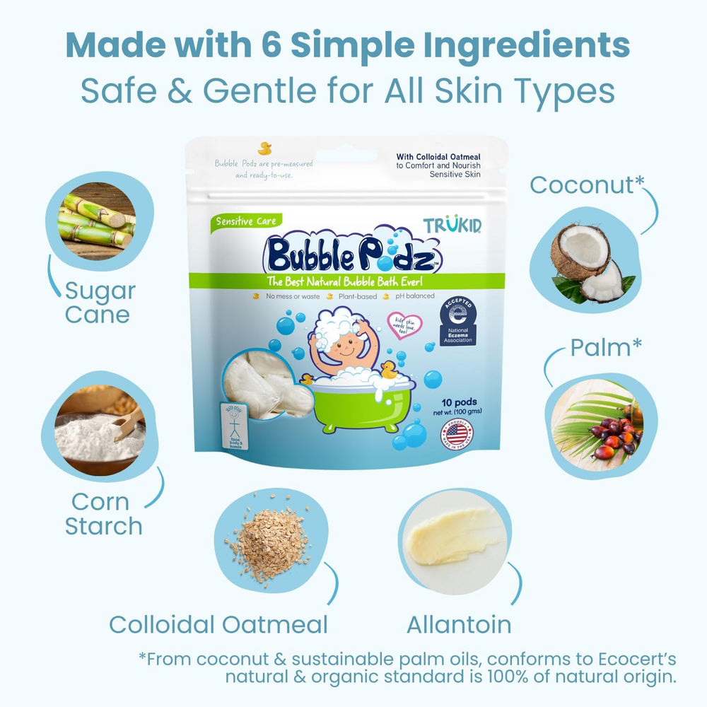 TruKid Bubble Podz tear free formula keeps bath time calm for little ones.