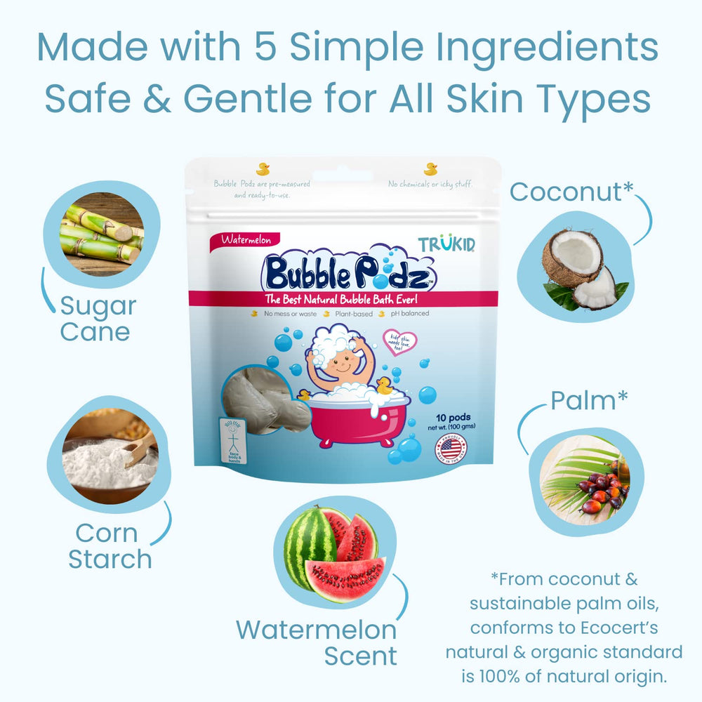 TruKid Bubble Podz tear-free formula supports gentle bath time.