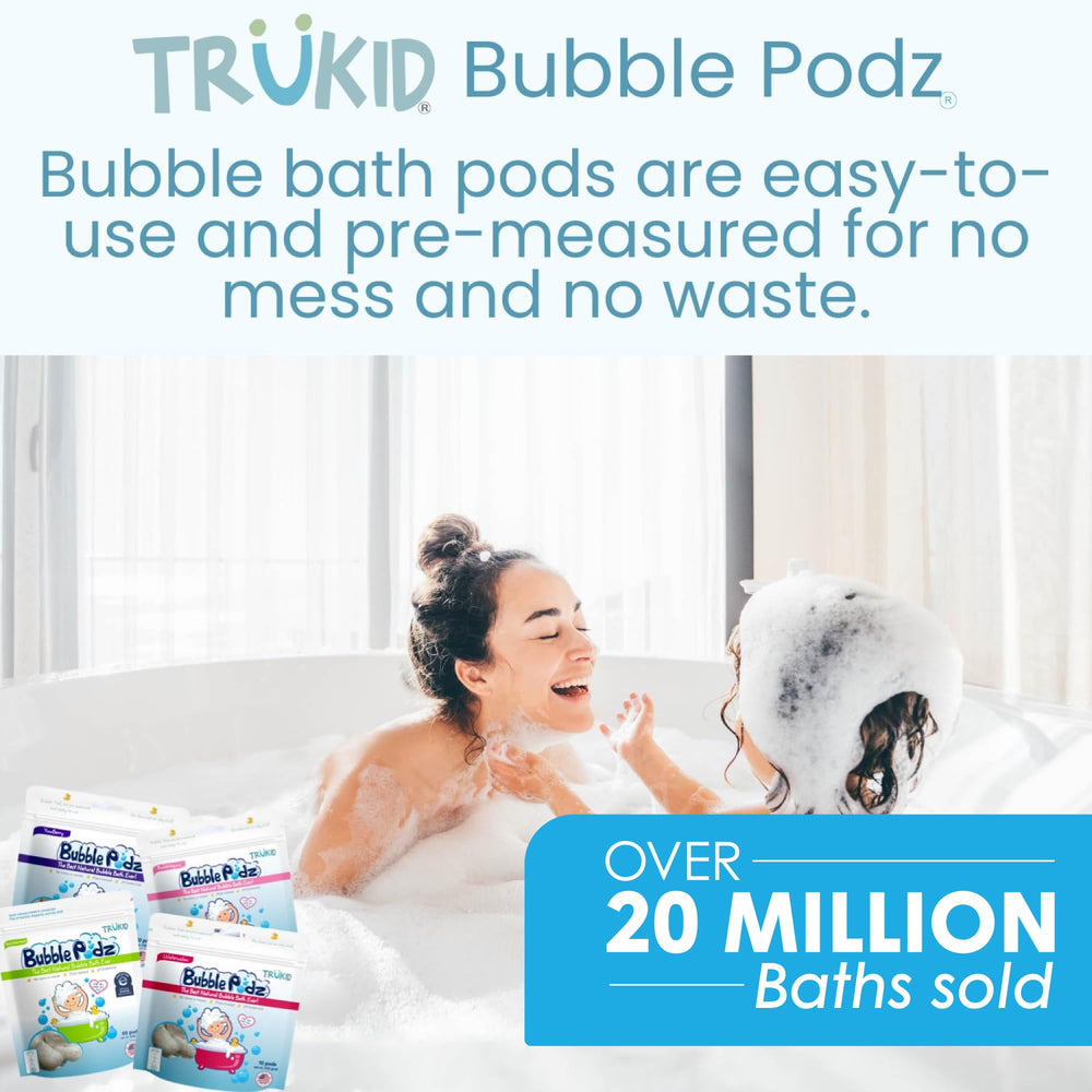 Tear-free, gentle formula of TruKid Bubble Podz on label.
