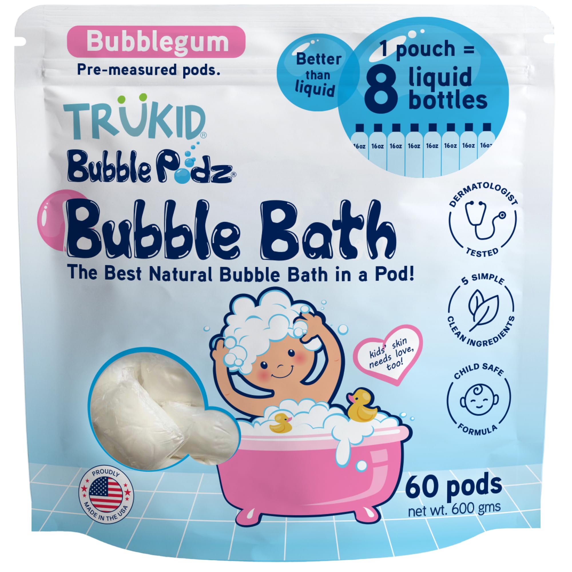 TruKid Bubble Podz in tub creating rich bubbles for playful bath time.