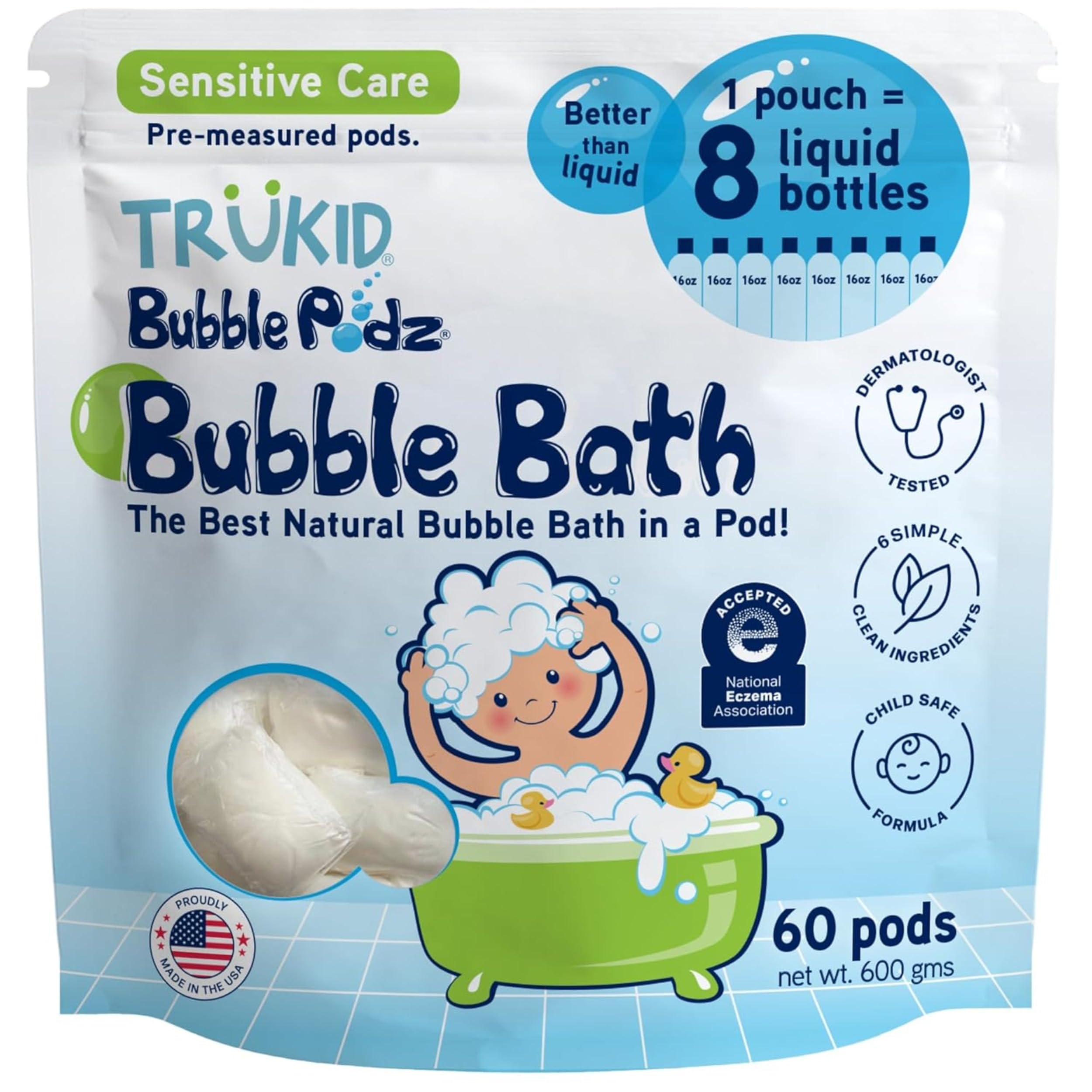 TruKid Bubble Podz tub bubbles brighten bath time with gentle, kid-friendly foam.