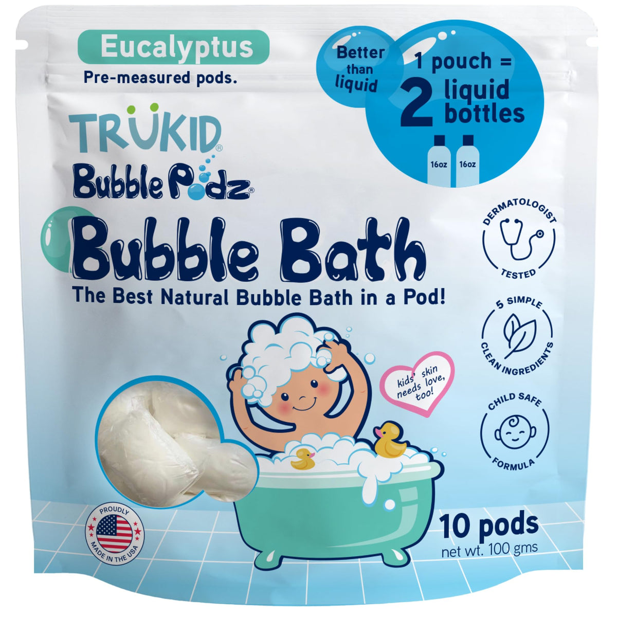 TruKid Bubble Podz dissolving in water to create playful bath bubbles.