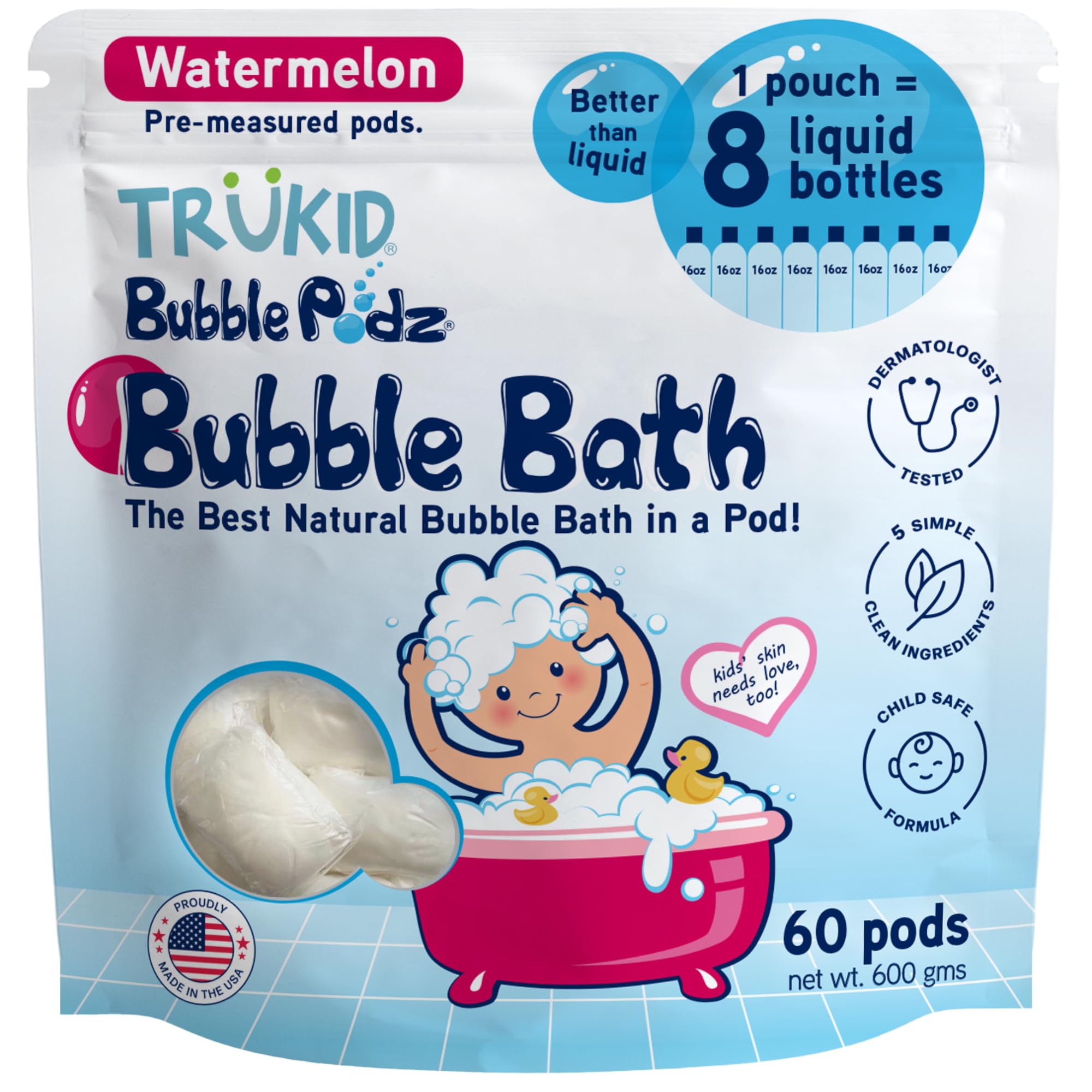 TruKid Bubble Podz bath tub foam for kids during bath time.