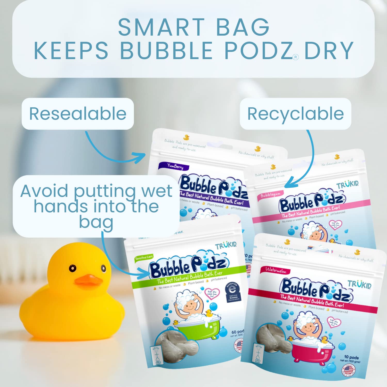 TruKid Bubble Podz USA-made with five clean ingredients, gentle on skin.