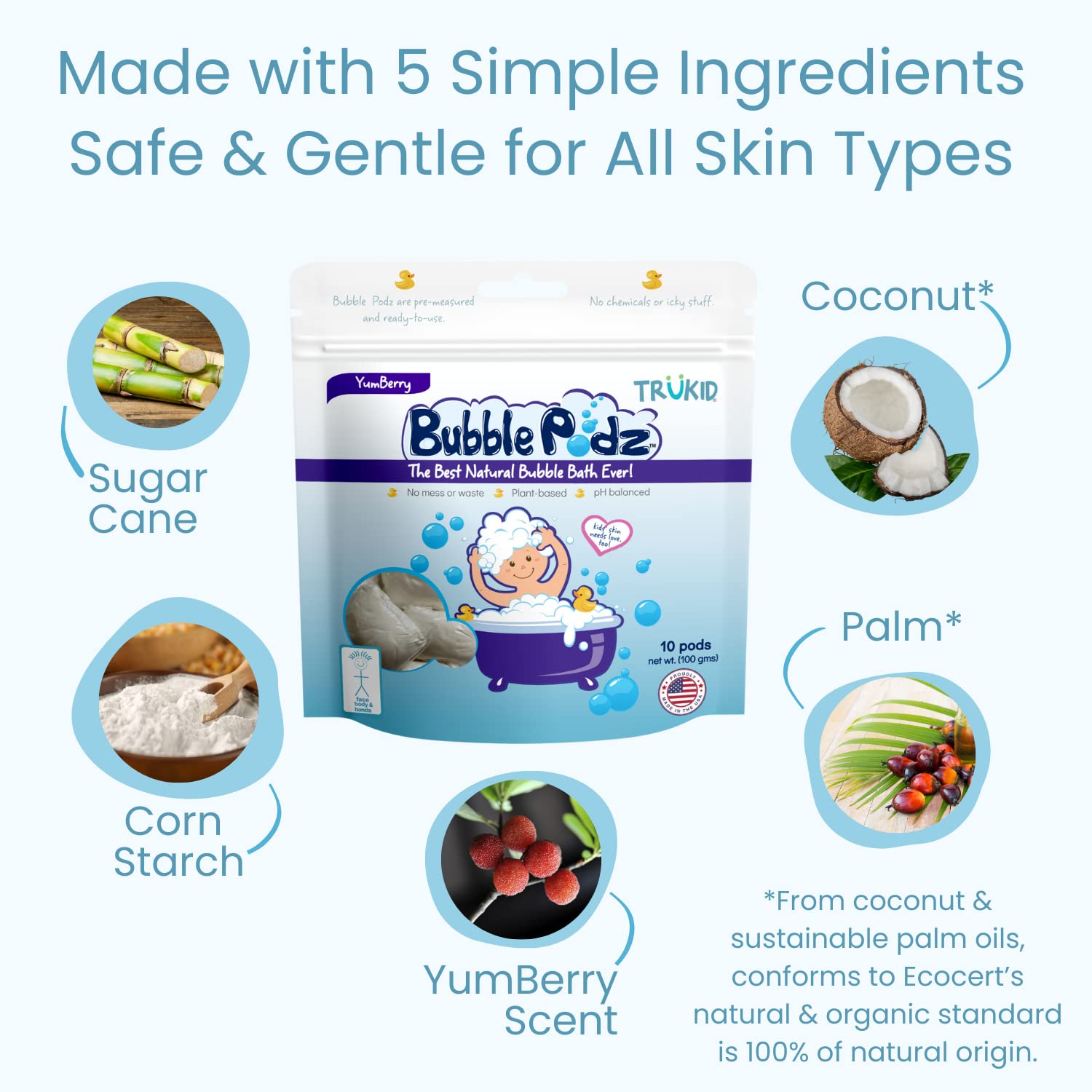 TruKid Bubble Podz USA-made ingredients support gentle skincare.