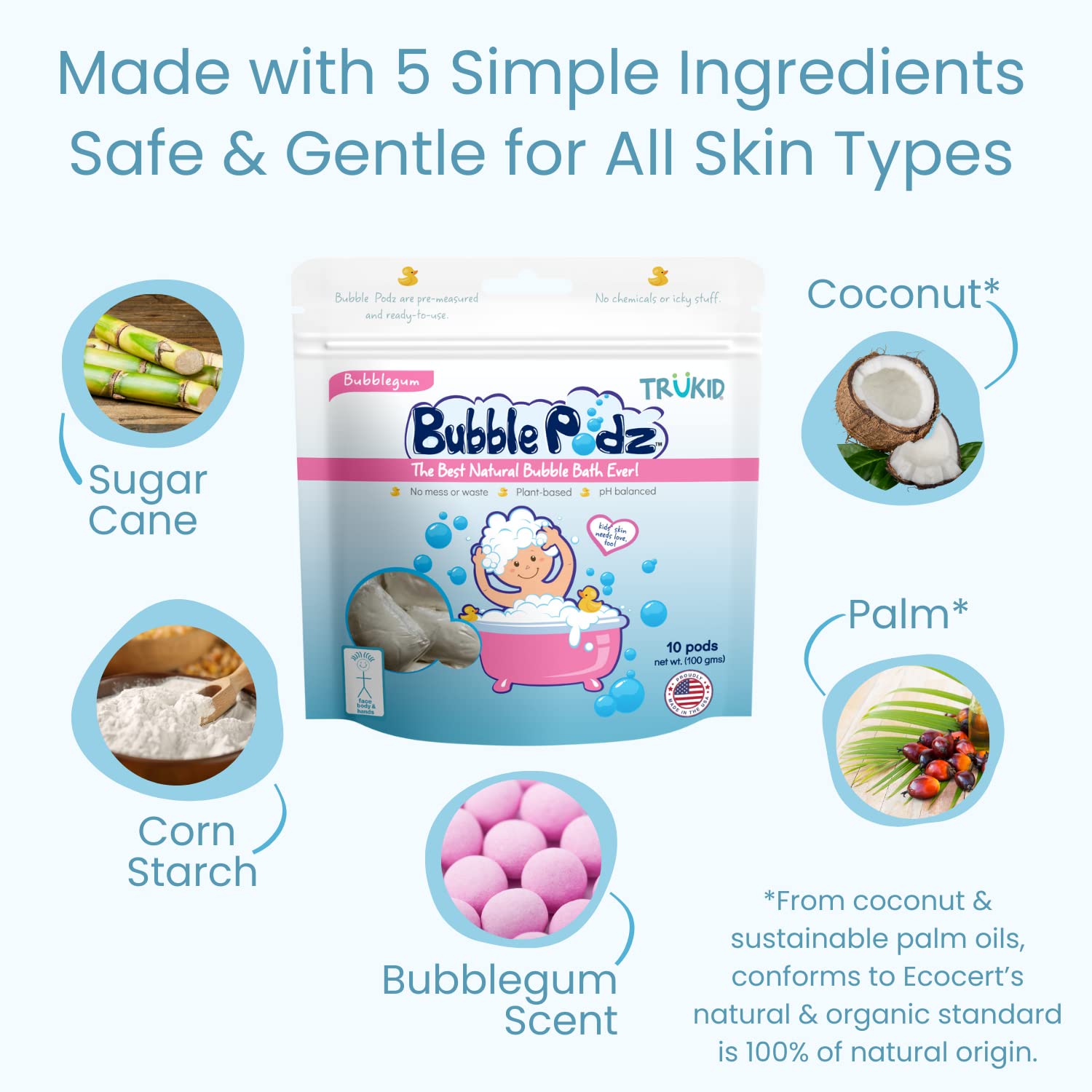 TruKid Bubble Podz USA-made label signals safe, parent-trusted skincare.