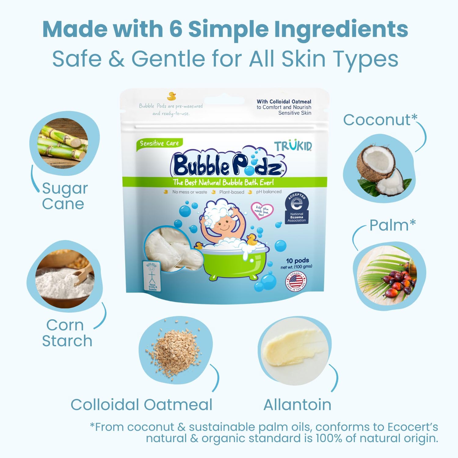 TruKid Bubble Podz USA-made six-ingredient bath, naturally gentle.