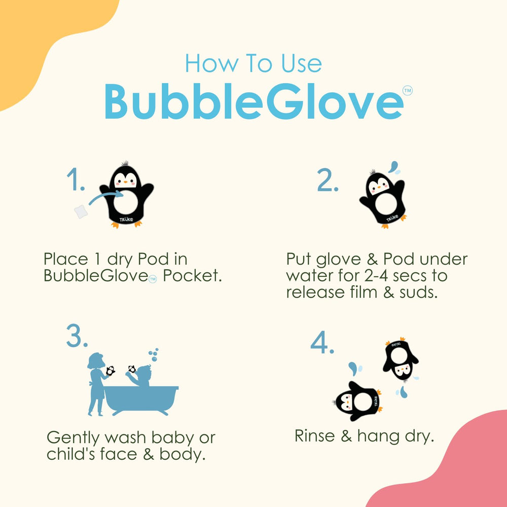 TruKid BubbleGlove is durable and reusable, easy to clean and store after baths.