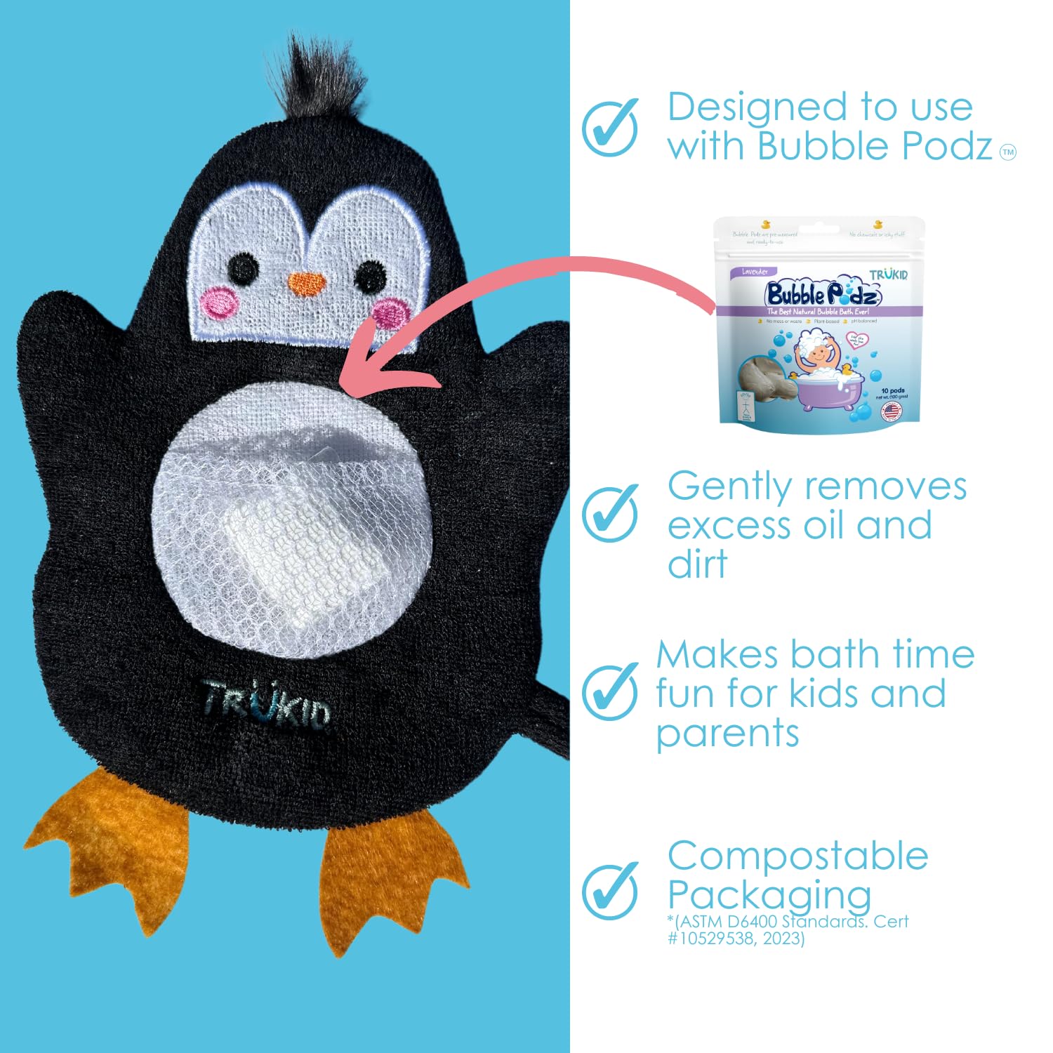 TruKid BubbleGlove penguin hand puppet design adds playful bath time engagement.