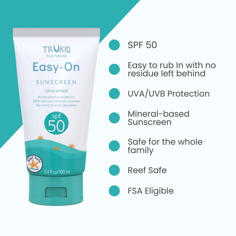 TruKid Easy On Mineral Sunscreen being dotted onto a child’s skin for quick coverage