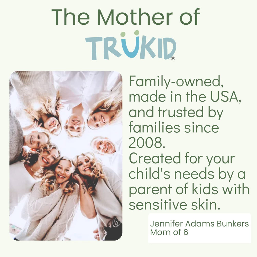 TruKid Kids Body Wash daily routine scene shows tear-free, non-drying formula in use.