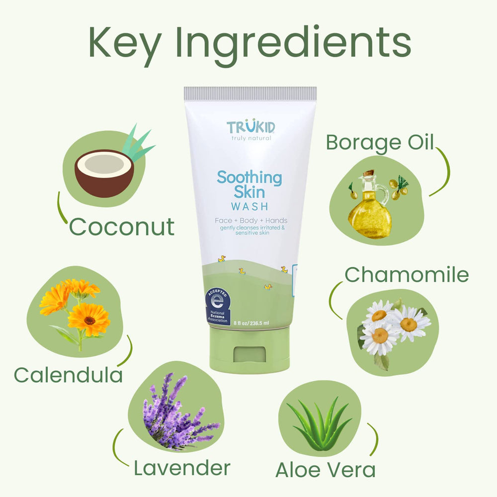 TruKid Kids Body Wash ingredients panel closeup highlights aloe, calendula, chamomile and borage oil.