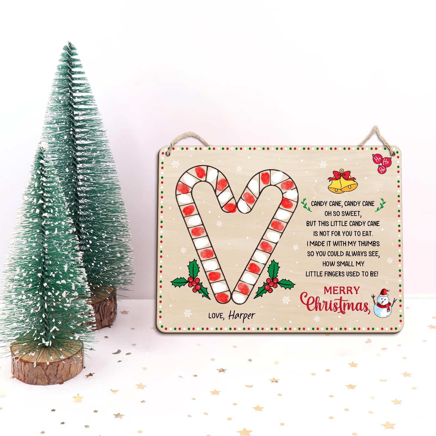 TRUMPETIC baby's first Christmas fingerprints candy cane sign as a memory keepsake for nurseries.