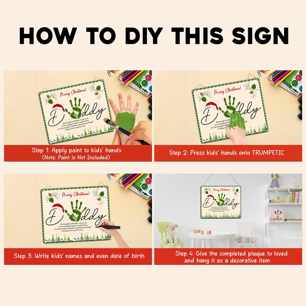 TRUMPETIC Daddy Handprint Sign Christmas tree display suggests a personalized gift moment.
