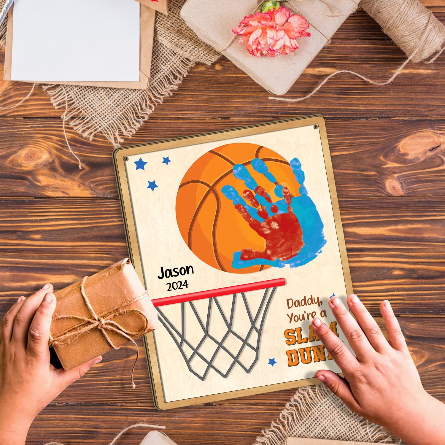 TRUMPETIC DIY Basketball Daddy Handprints Sign closeup—handprint details for a keepsake gift