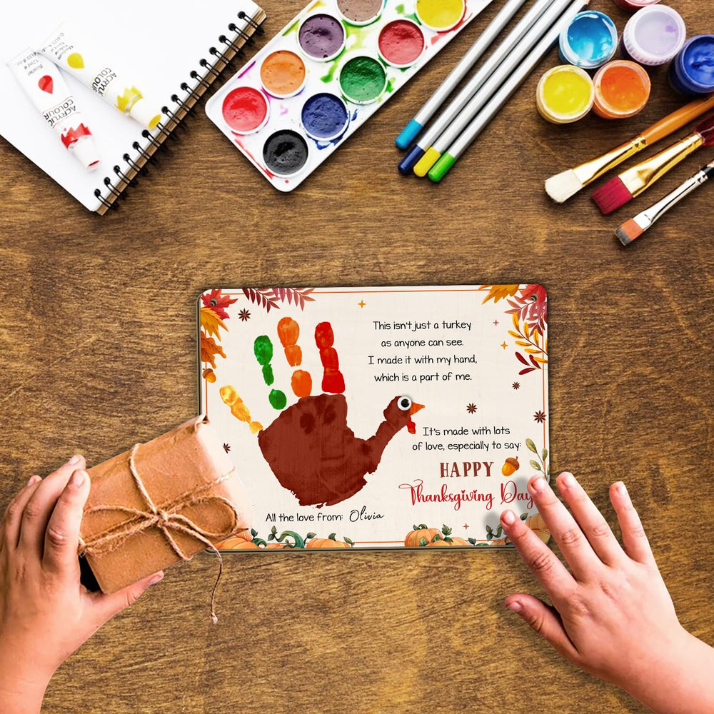 TRUMPETIC turkey handprint sign used as classroom decor and art activity.