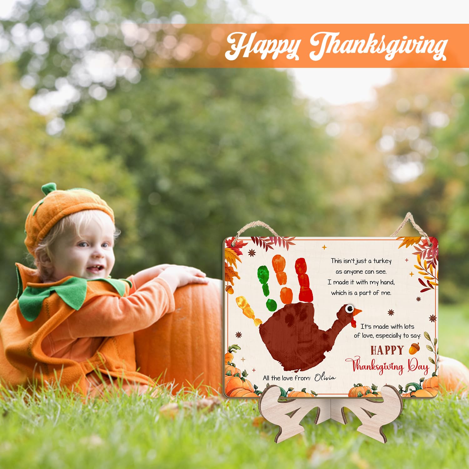 TRUMPETETIC turkey handprint sign brightens fall decor and seasonal display.