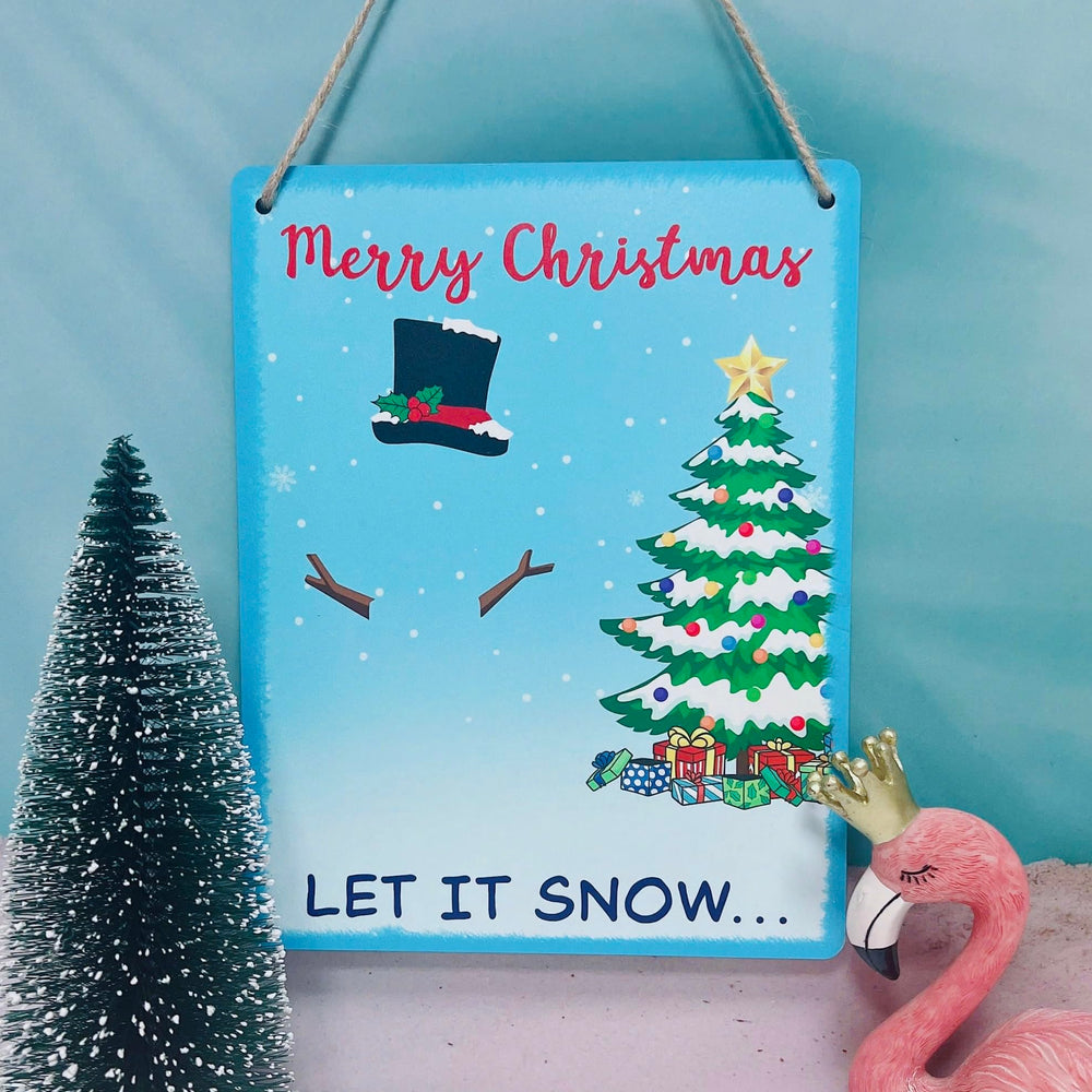 TRUMPETIC Let It Snow sign featuring snowman, Xmas tree, gifts for holidays