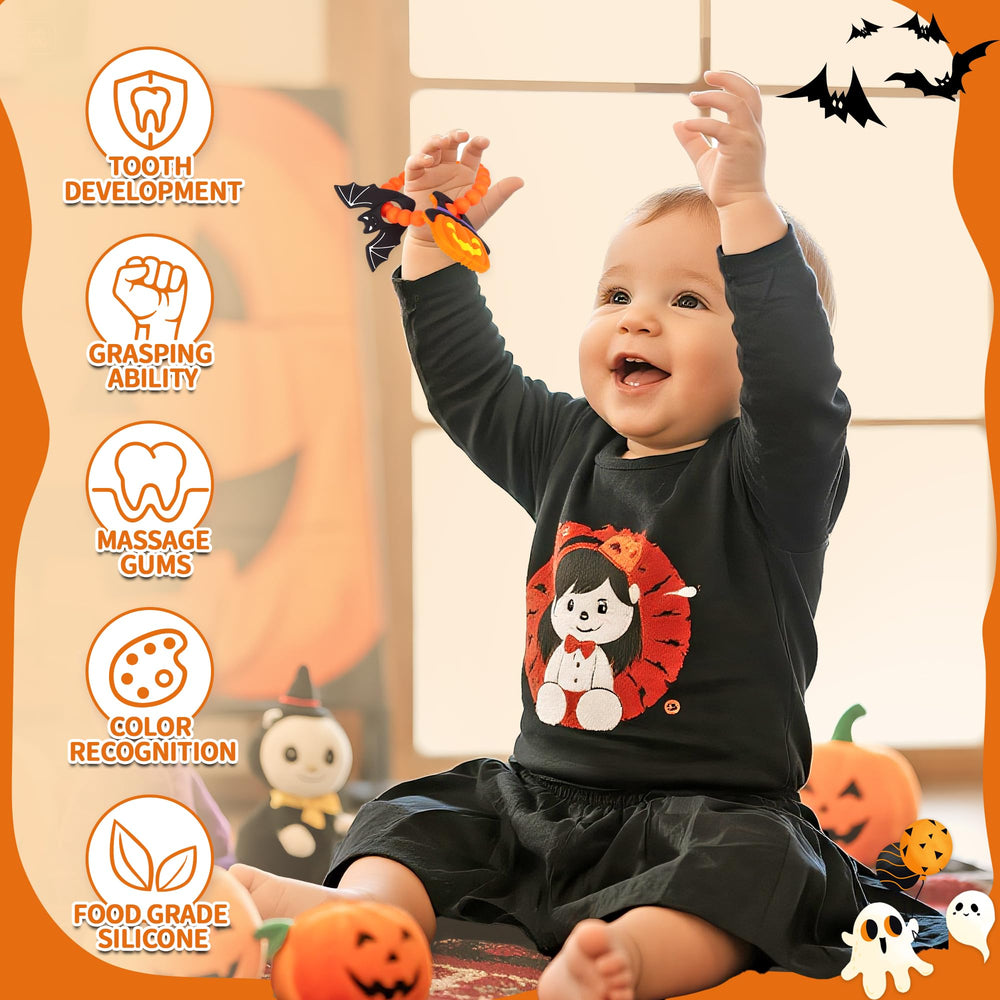 Trunahcao Pumpkin Bat Teether collage: cute design sparks curiosity as babies explore textures
