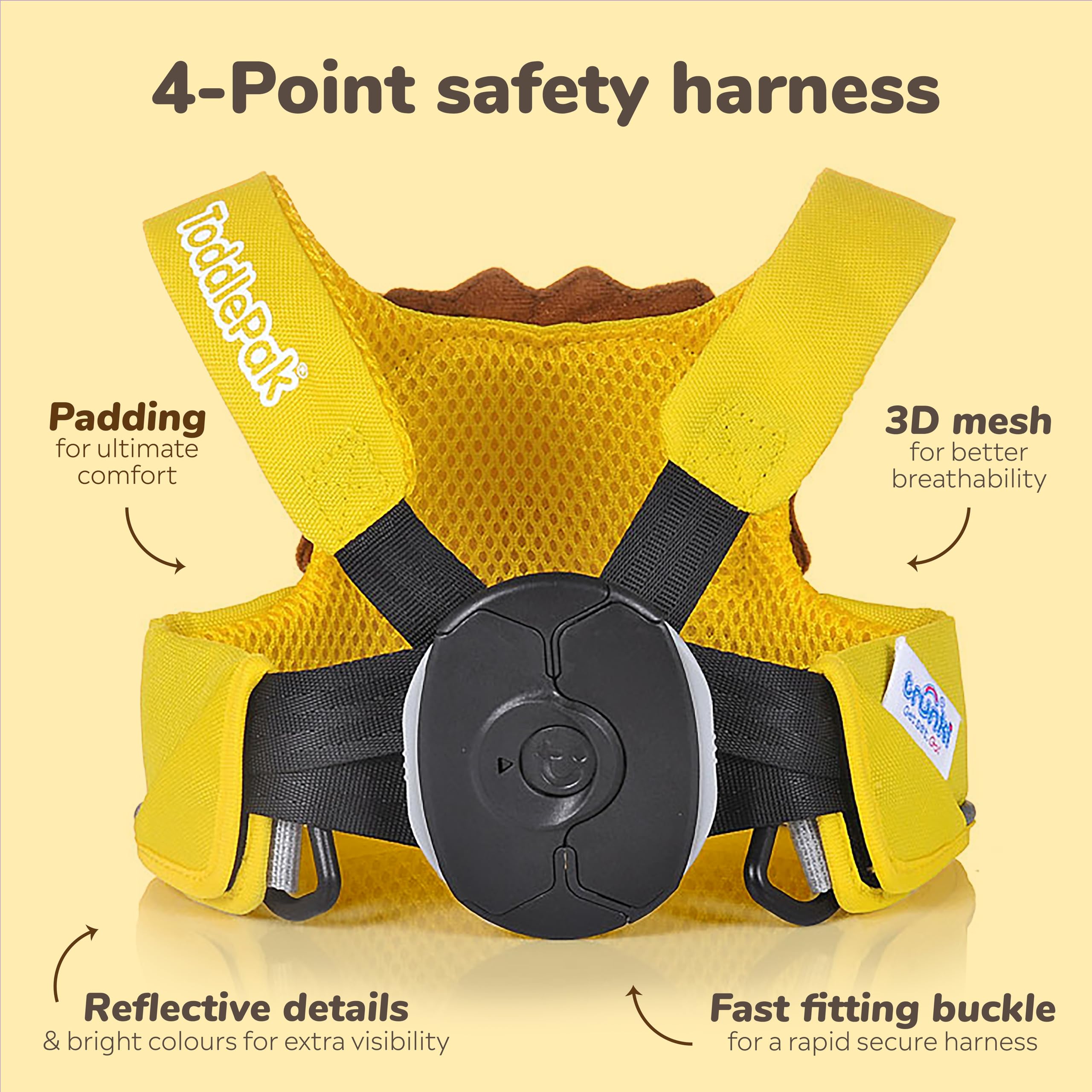 Trunki Leeroy Lion leash clip adjustment demonstrates quick simultaneous strap tightening for a snug fit.