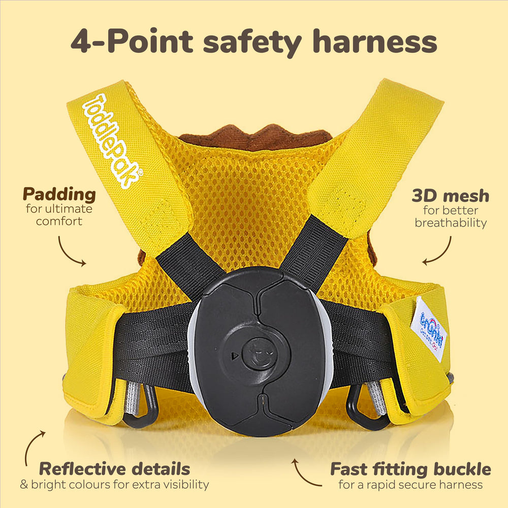 Trunki Leeroy Lion leash clip adjustment demonstrates quick simultaneous strap tightening for a snug fit.