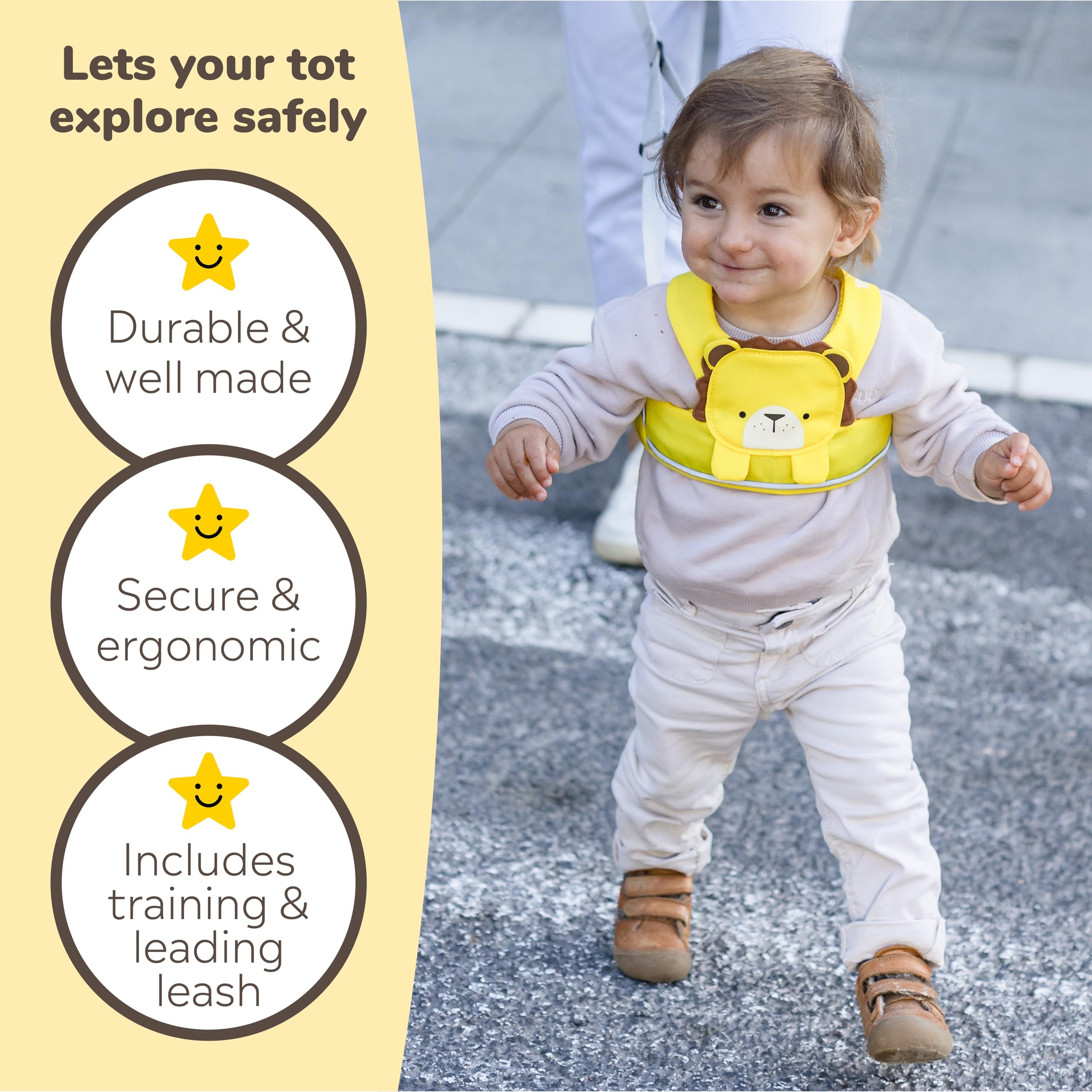 Trunki Leeroy Lion yellow leash shows shoulder and waist straps ready for fast, comfortable wear.