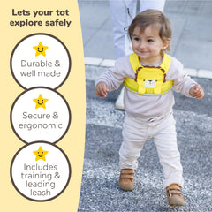 Trunki Leeroy Lion yellow leash shows shoulder and waist straps ready for fast, comfortable wear.
