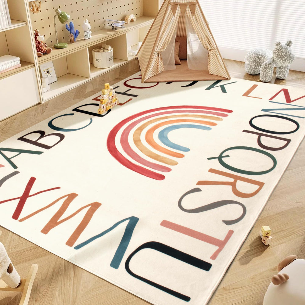 Truqual nursery round rainbow rug overview shows soft, safe play surface.