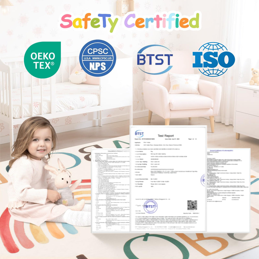 Truqual soft skin-friendly fibers provide gentle comfort for kids on the rug.