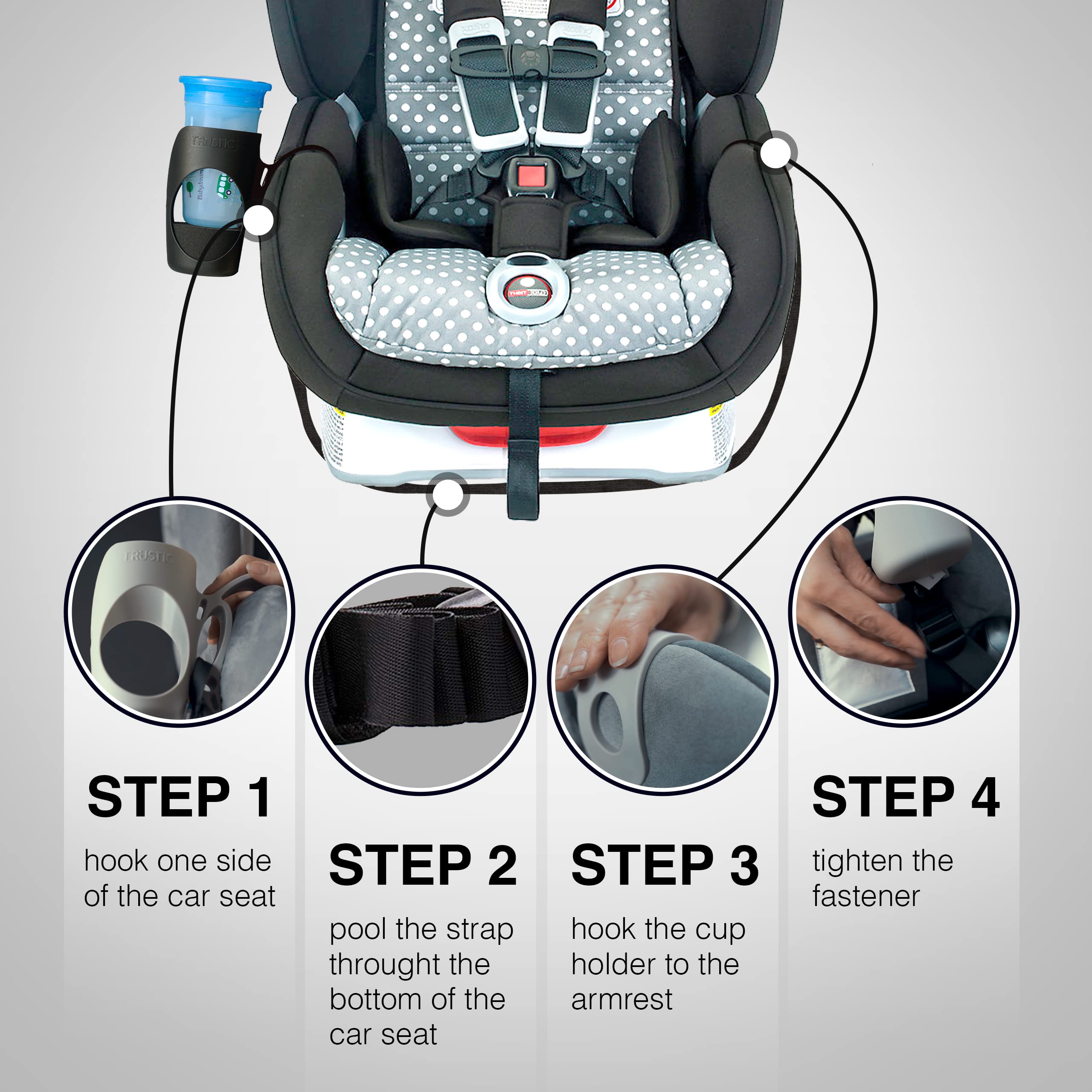 Trustic cup holder in use secures sippy cups within reach