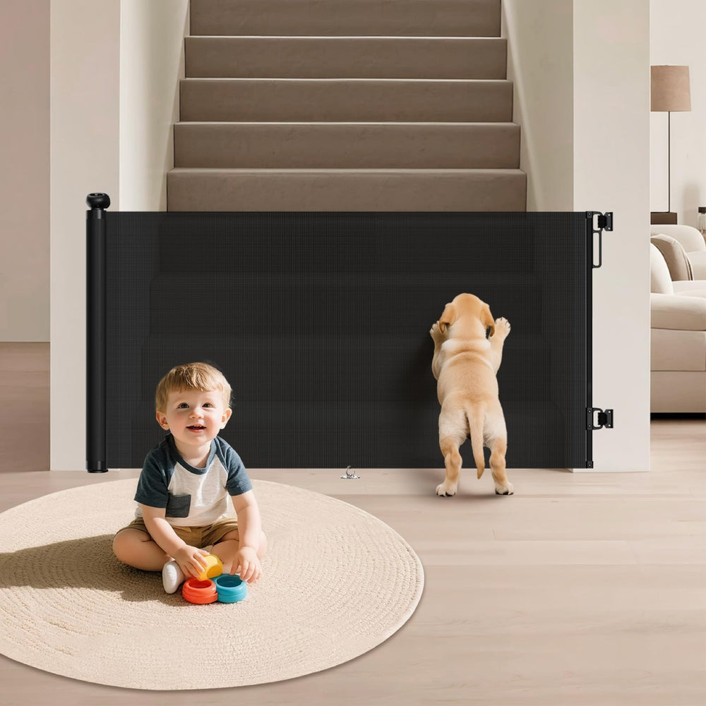 Trustot retractable gate mesh-closed protects babies and pets at wide openings