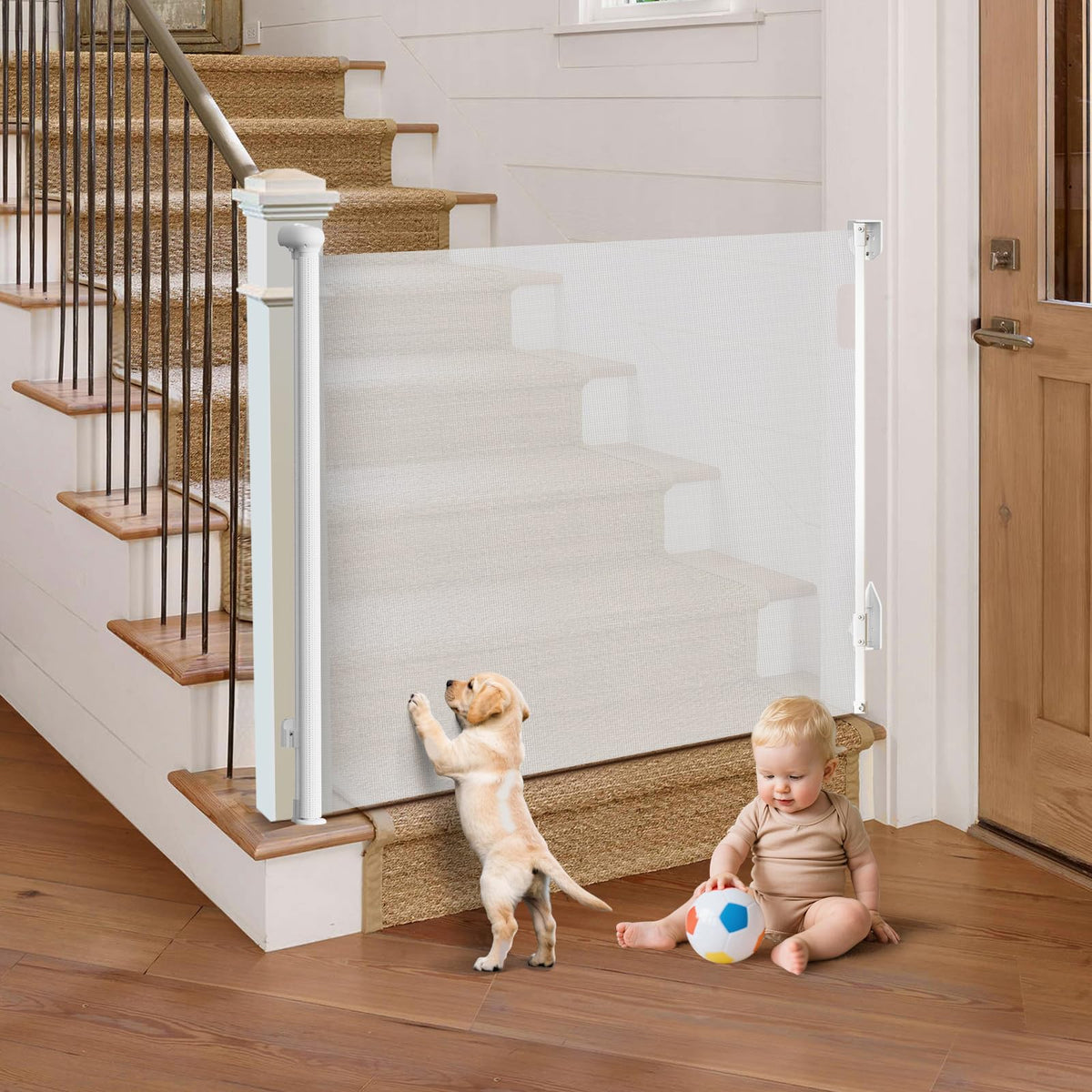 TrusTot retractable-gate mesh close-up shows durable fabric for pets and kids.
