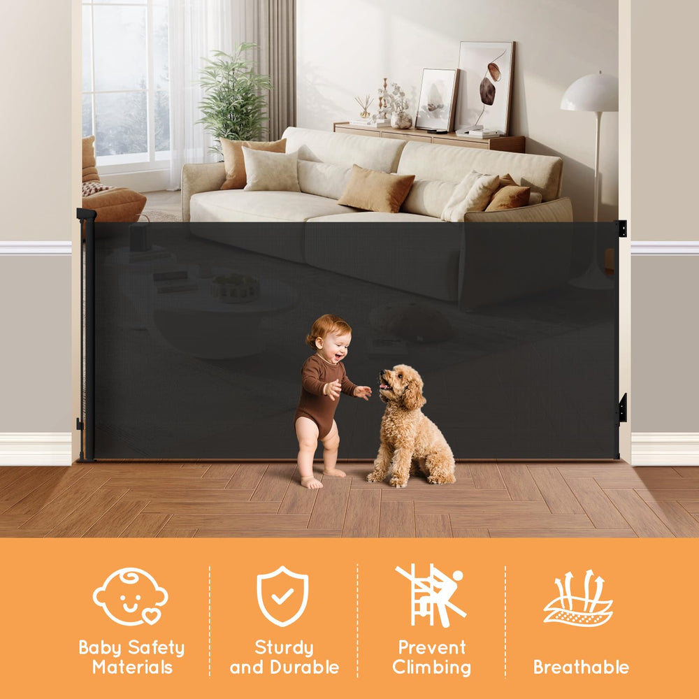 TrusTot baby gate mesh detail demonstrates strong fabric for child and pet protection.