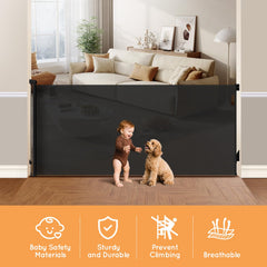 TrusTot baby gate mesh detail demonstrates strong fabric for child and pet protection.