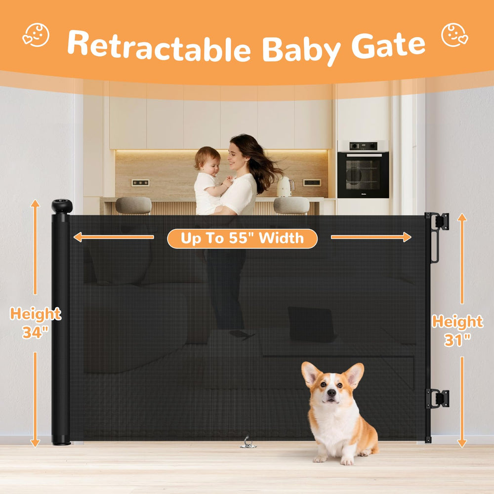 TrusTot retractable baby gate at doorway enables one-handed access
