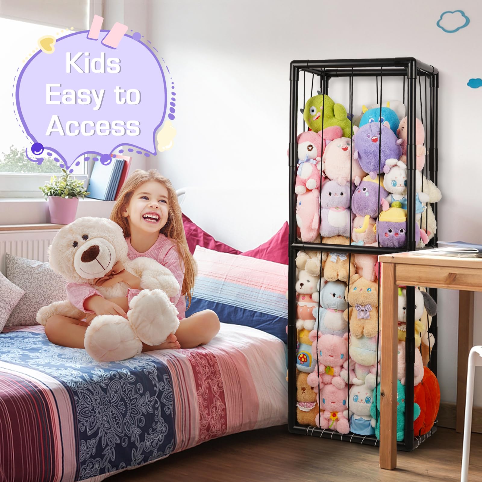 Trycooling storage solution ideal for a playroom, bedroom, or nursery with plush toys.