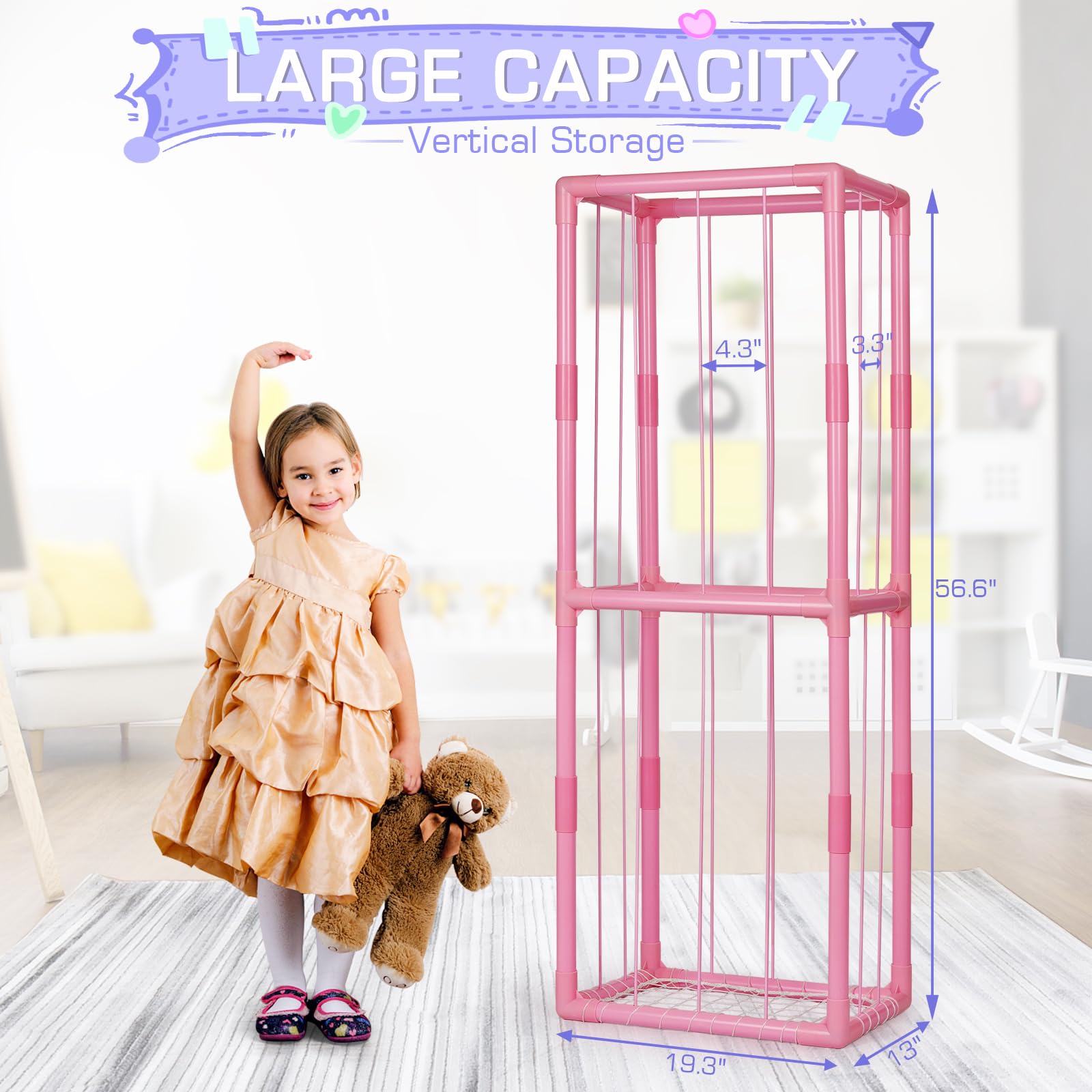Trycooling dimensions-56-inches image highlights large capacity to hold 50+ plush toys.