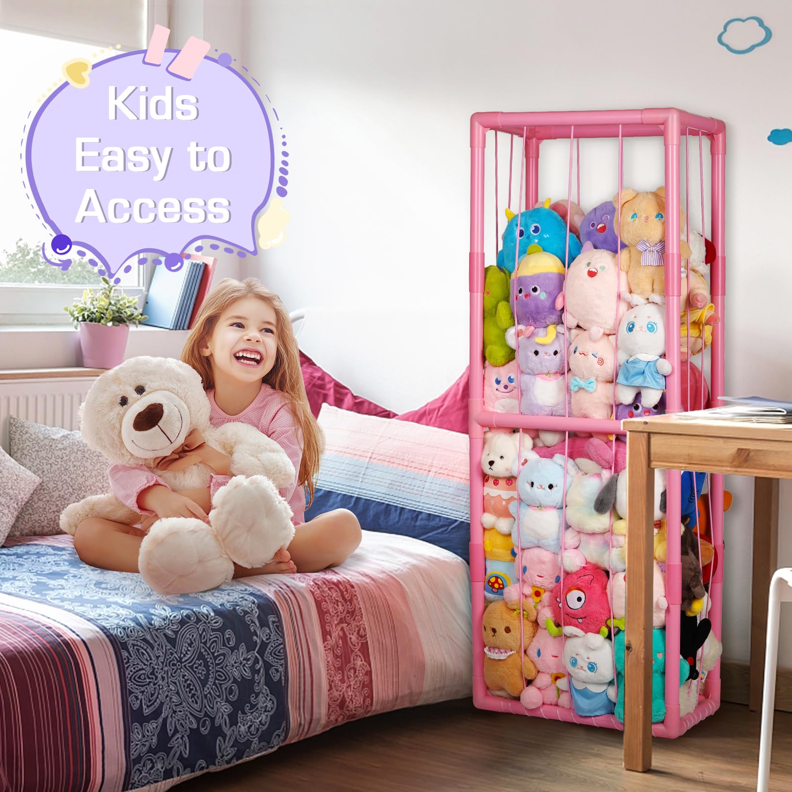 Trycooling pink playroom display keeps toys organized and accessible.
