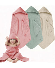 TRYISDICDVC hooded baby towel 3-pack front view—soft muslin cotton for delicate skin