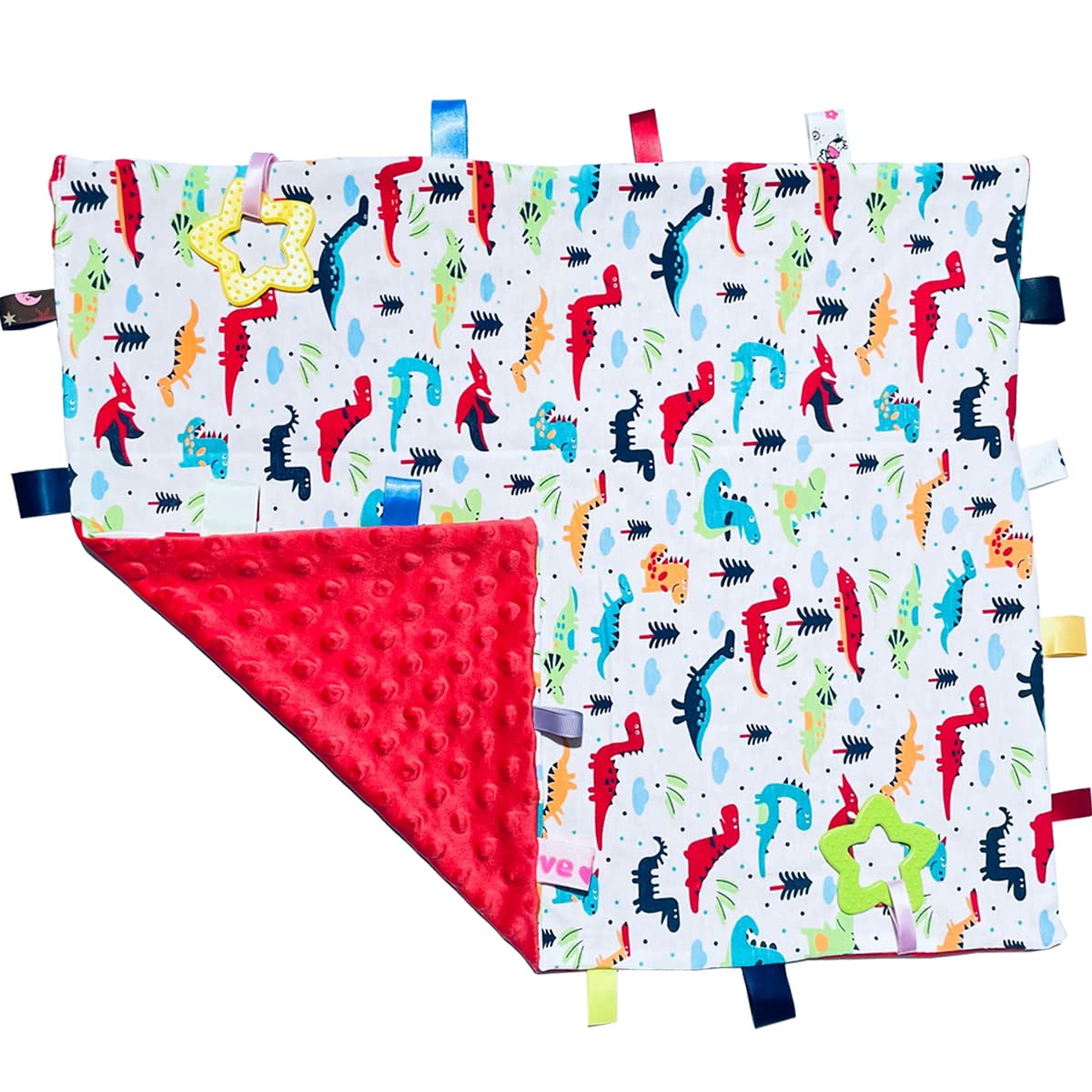 TRYTUTRY Big Tags soft red dinosaur blanket close-up fabrics for sensory play