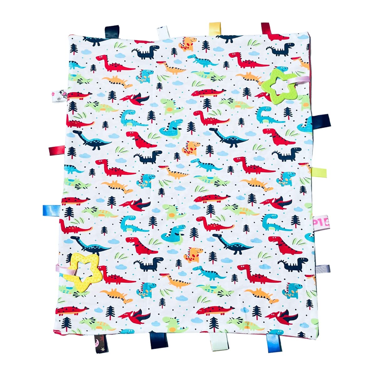 TRYTUTRY Big Tags blanket tag detail shows colorful textures for baby stimulation