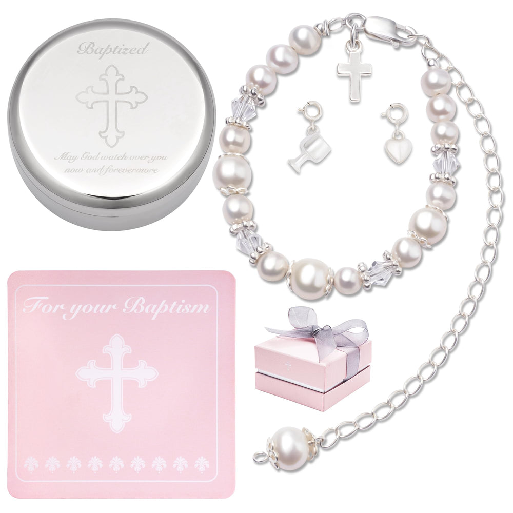 Tryuunion baptism bracelet in silver and pearls for baby's ceremony.
