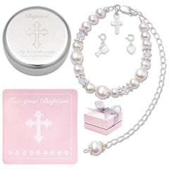 Tryuunion baptism bracelet in silver and pearls for baby's ceremony.
