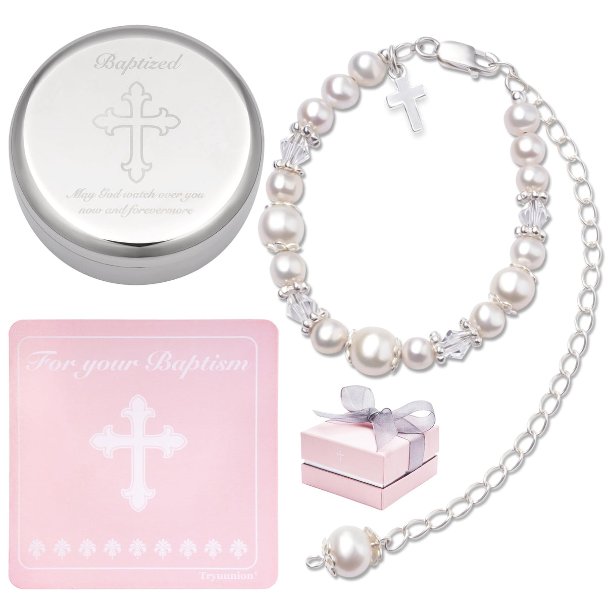 Tryuunion baptism bracelet closeup showcases cultured pearls for a cherished baptism keepsake.