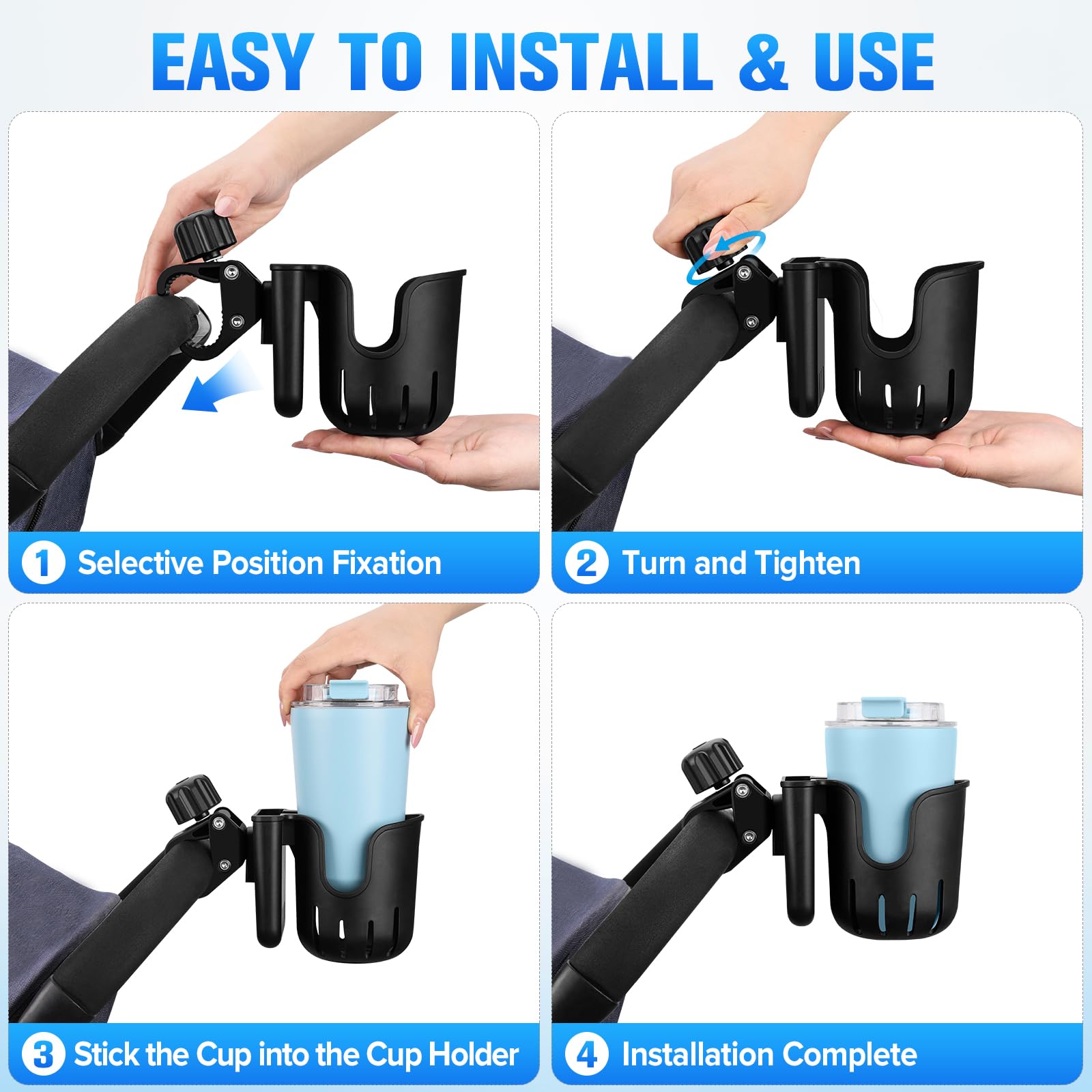 TSAKBAM stroller cup holder mounted on walker or wheelchair for easy access.